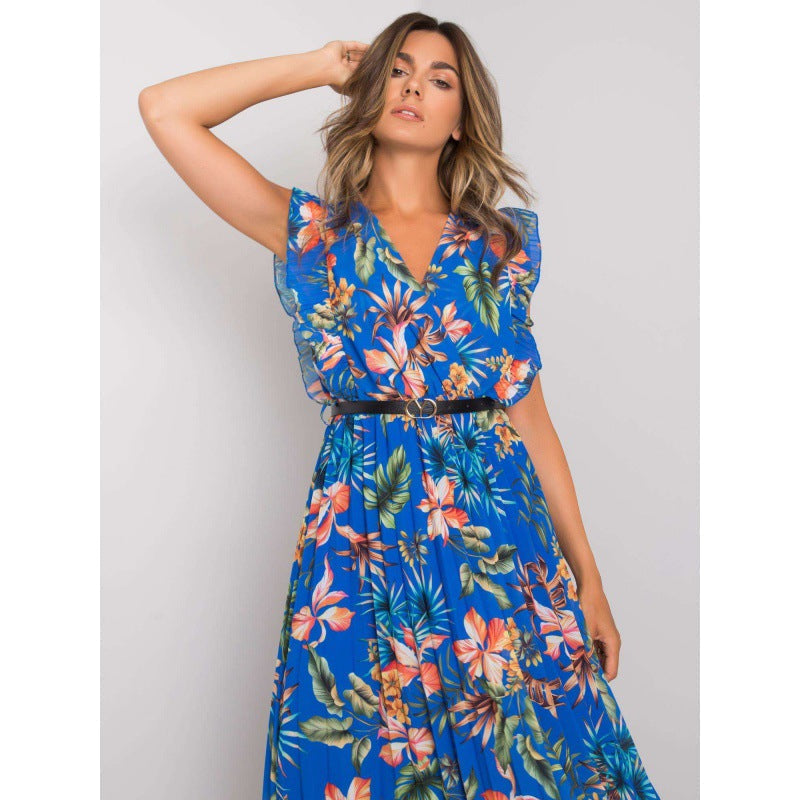 Large Floral Print Surplice V-Neck Ruffle Shoulder Pleated Belted Midi Dress
