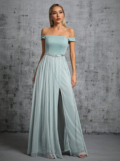 Off Shoulder Prom Evening Dress Slit Slim Fit Elegant Dress Adult Dress for