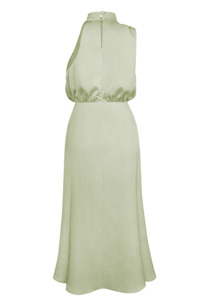 Halter Draped Cowl Neck Gathered Waist Satin Maxi Dress