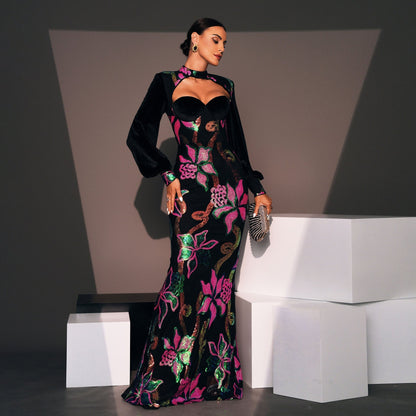 Long Sleeve Crew Neck Cutout Long Sequined Cocktail Evening Dress Bridesmaid