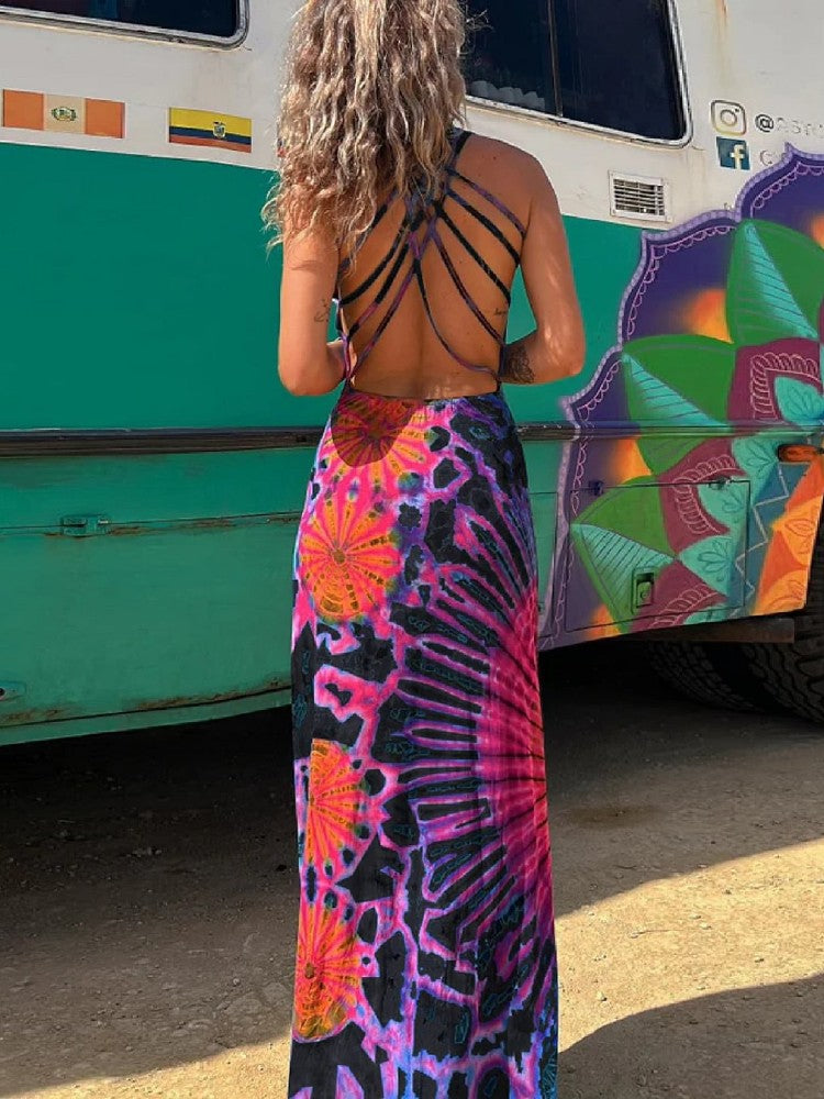 Scoop Neck Spaghetti Strap Tie Dye Sunburst Print Backless Maxi Dress