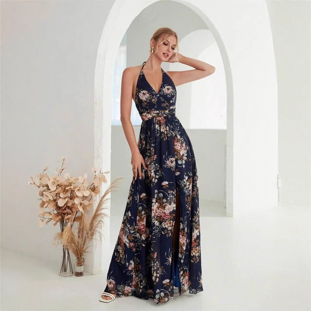 Floral Print Halter Neck Wrap Bodice Pleated Waist High Slit Maxi Dress