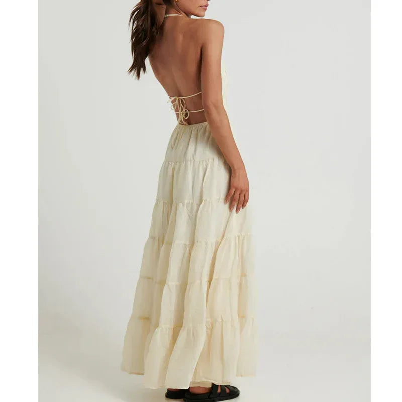 Ivory Tiered Backless Maxi Dress Summer Sundress