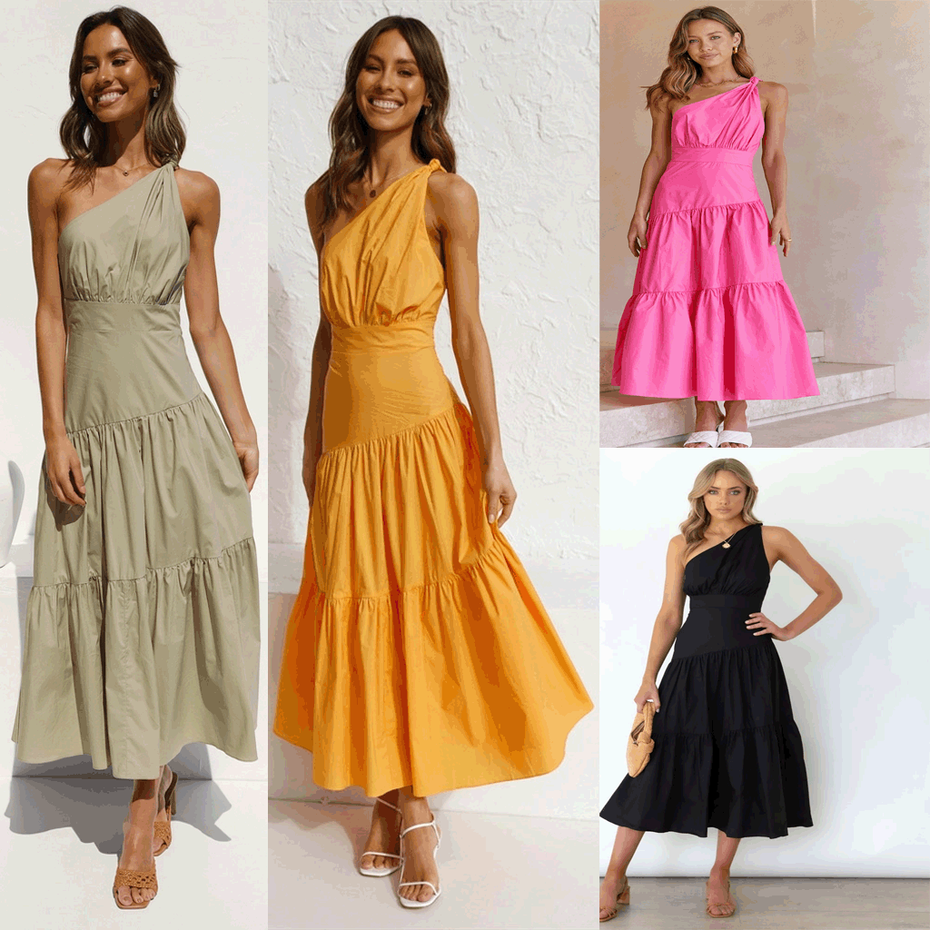 One-Shoulder Knotted Solid Color Fresh Long Sweet Dress