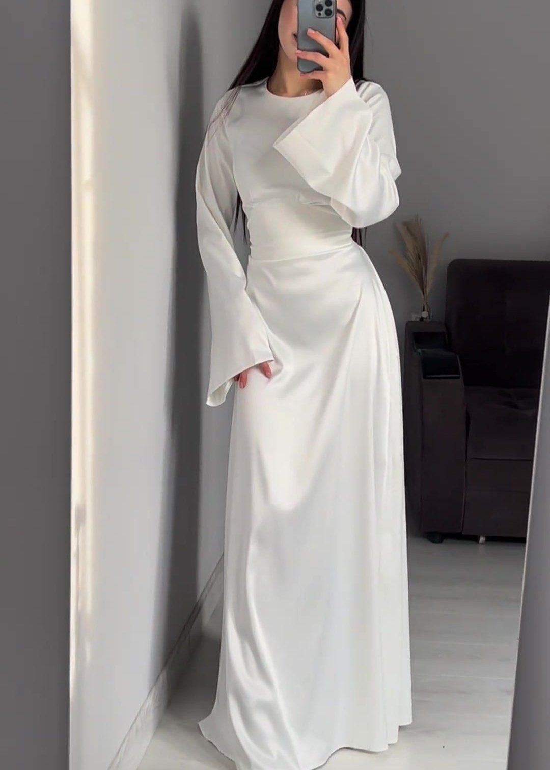 Crew Neck Bell Sleeve Satin Column Floor Length Maxi Gown