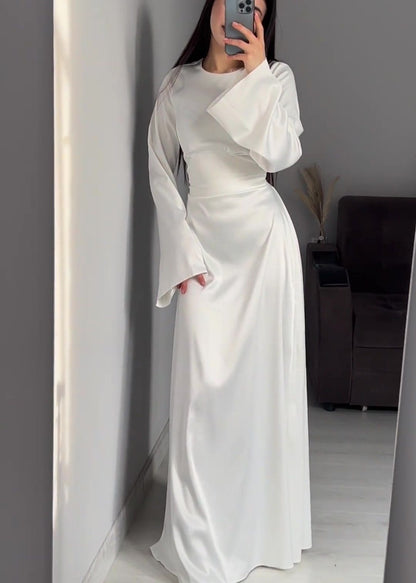 Crew Neck Bell Sleeve Satin Column Floor Length Maxi Gown
