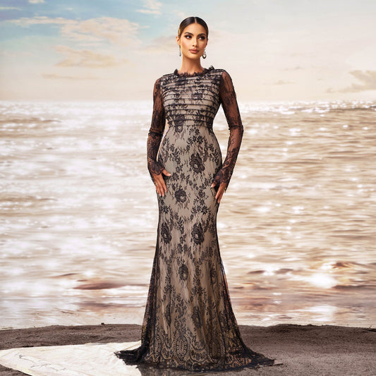 High Grade Long Sleeved round Neck Cocktail Gauzy Package Hip Fishtail Evening Dress Bridesmaid Dress
