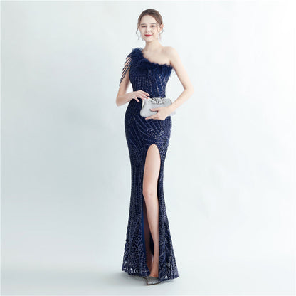High Density Lamination Sequin Craft Order Ostrich Hair Beaded Oblique Shoulder High End Evening Dress