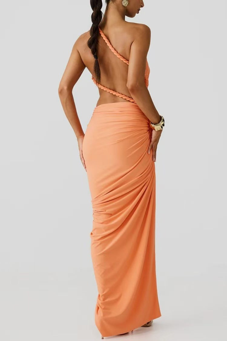 Juliana Rope Detail Ruched One Shoulder Cutout Stretch Maxi Dress