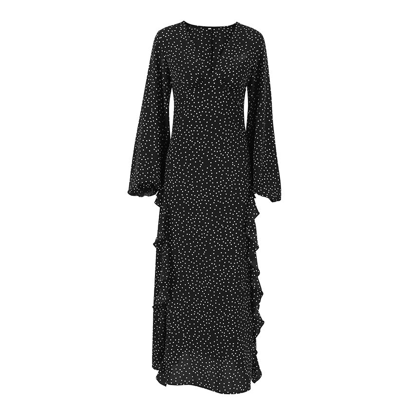 Retro V neck Puff Sleeve Polka Dot All Matching Long Sleeve Ruffled Elegant Slim Fit Slimming