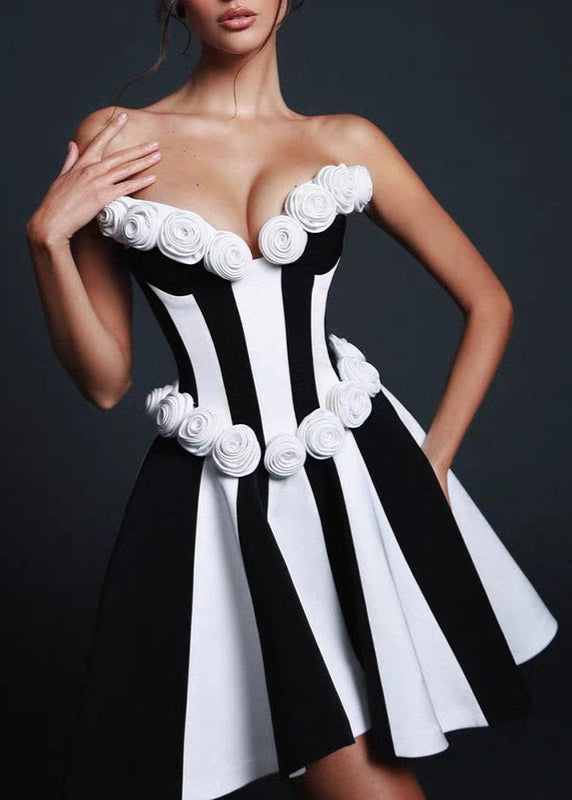 Monet Strapless Rosette Mini Dress Black & White Sculpted Fit-and-Flare