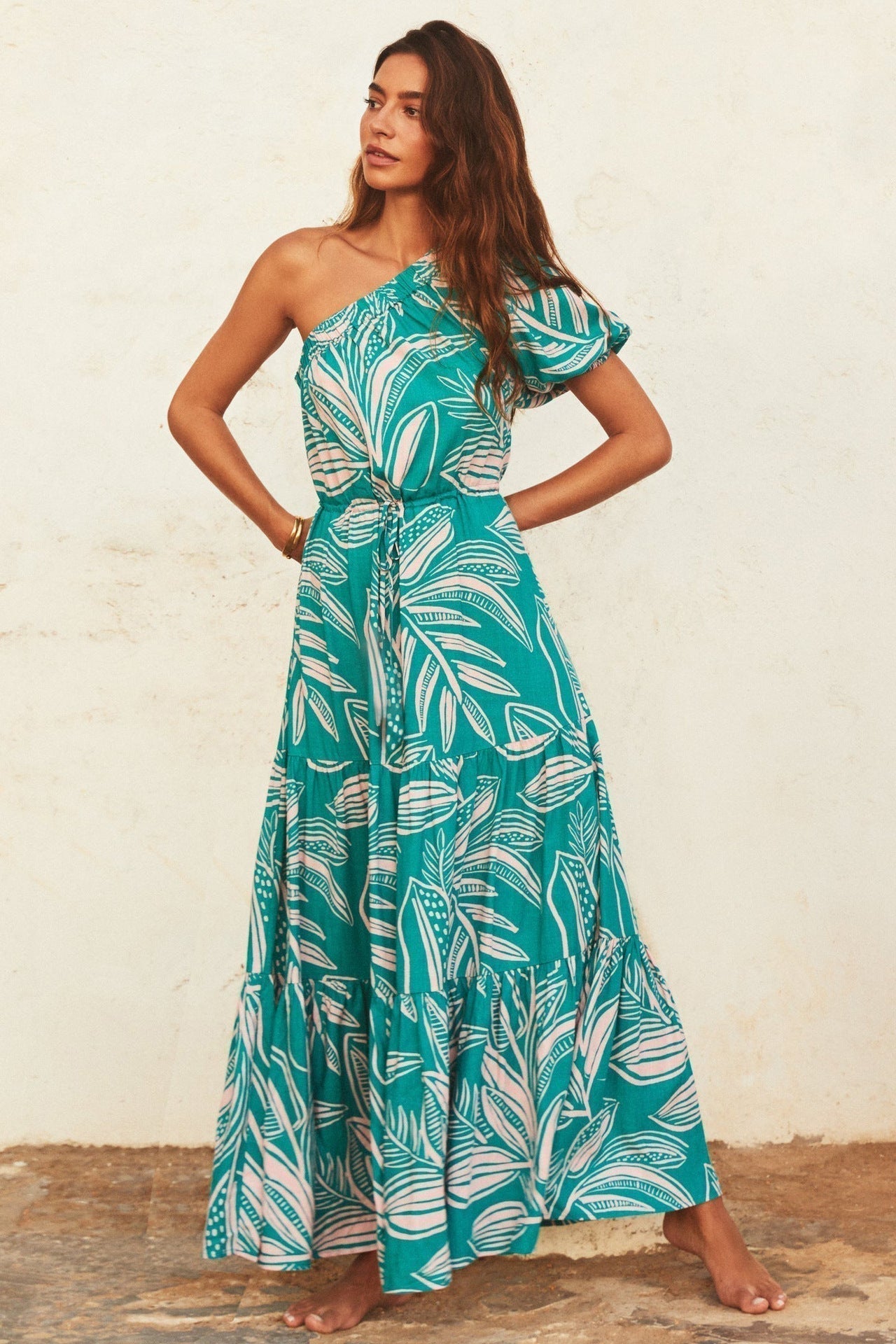 One Shoulder Tropical Print Ruffle Sleeve Tiered Maxi Dress
