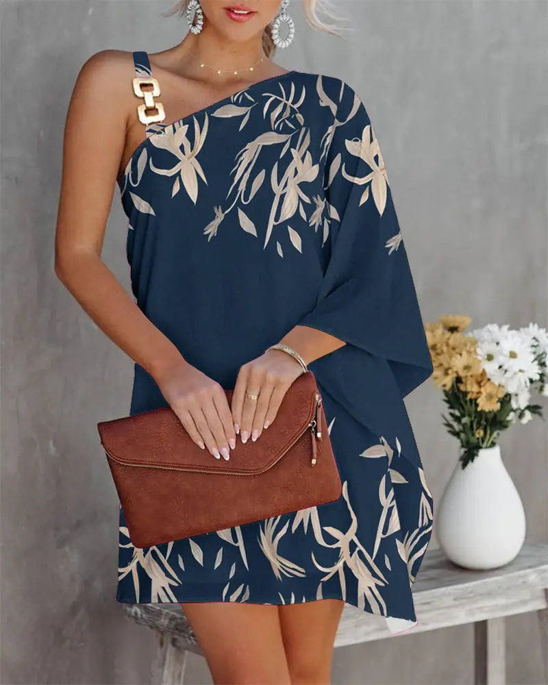 Ombre Stripe One-Shoulder Chain Strap Butterfly Cape Sleeve Mini Dress