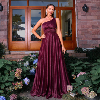 One Shoulder Sleeveless Elegant Diagonal Collar Waist Tight Beach Vacation Long Bohemian Large Swing Dress
