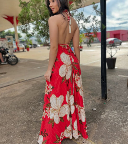 Ladies Strapless V-neck Women's Beach Halter Backless Printed Fairy Long Temperament Dresses Swing Dresses