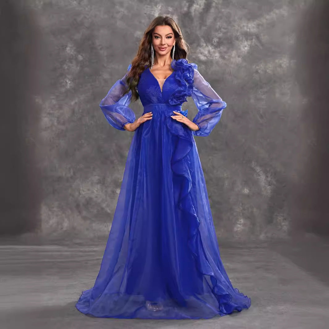 Prom Evening Dress V Neck Long Sleeve Three Dimensional Flounce Decorative Elegant Dress