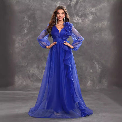 Prom Evening Dress V Neck Long Sleeve Three Dimensional Flounce Decorative Elegant Dress