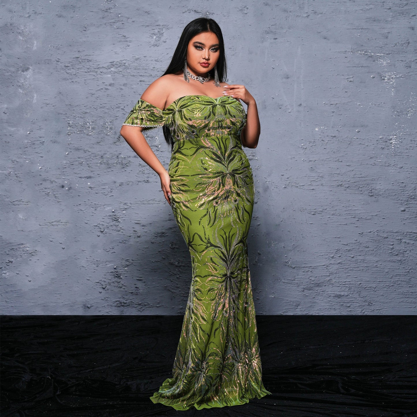 Plus Size Long Off Neck Cocktail Sequined Evening Dress Dress