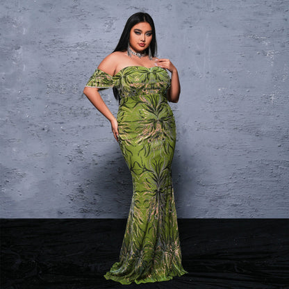 Plus Size Long Off Neck Cocktail Sequined Evening Dress Dress