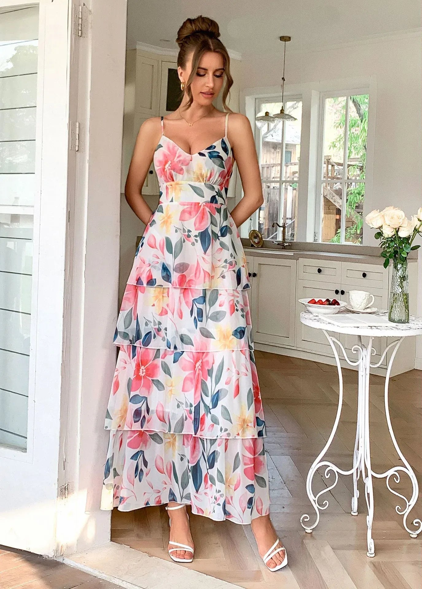 Tiered Chiffon Maxi Dress Floral Bridal Shower Summer Gown