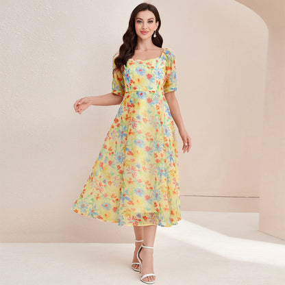 French Elegant High Waist Square Collar Dress