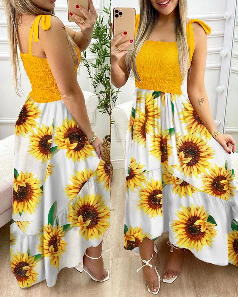 Smocked Tie-Shoulder Floral Print Tiered Asymmetrical Maxi Dress