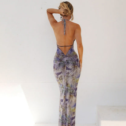 Printed Backless Slim Fit Split Lace up Dress