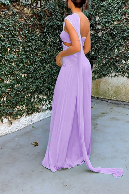 Forest Muse Chiffon Pleated Off Shoulder Cutout Waist Cape Maxi Dress