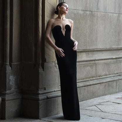 Mesh Semi Transparent Particle Tube Top Long Sleeve Velvet Dress