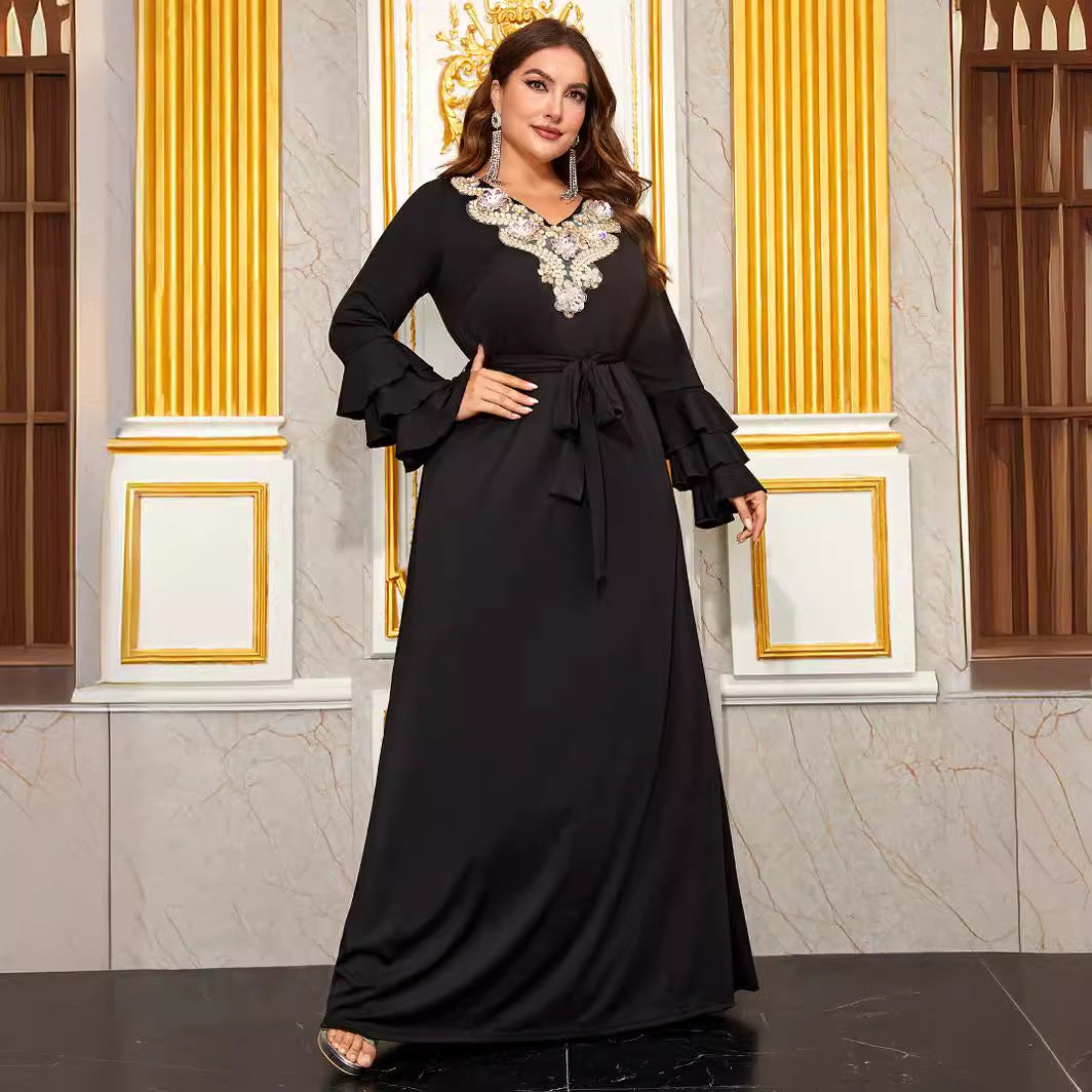 Plus Size Long Sleeve V Neck Chest Three Dimensional Floral Ornament Micro Pull Multi Layer Ruffle Sleeve Dress