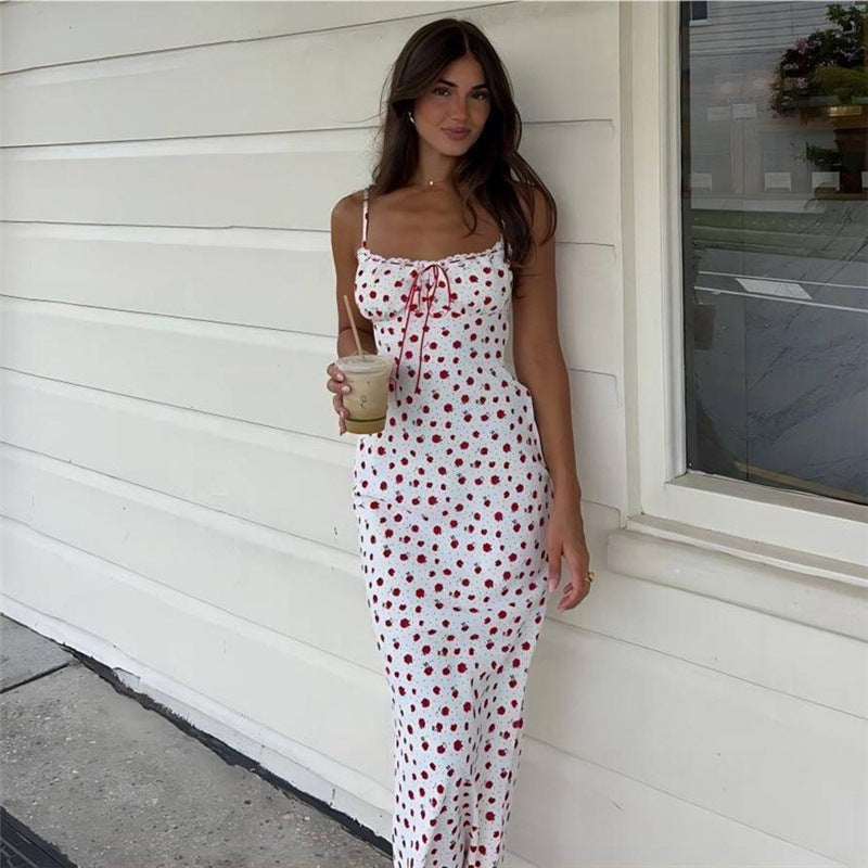 Ditsy Floral Print Spaghetti Strap Sweetheart Ruffle Trim Slip Maxi Dress