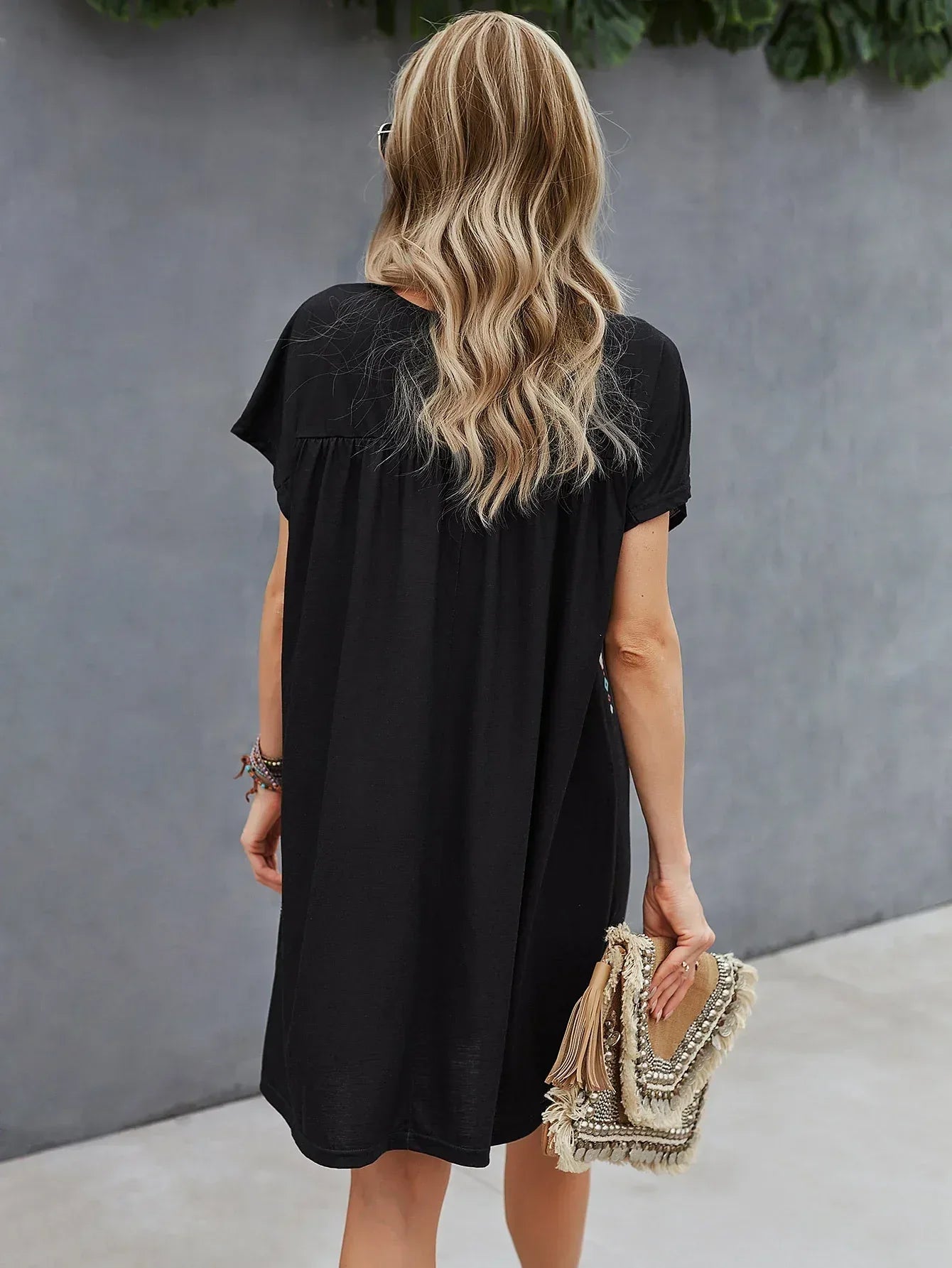 Boho Embroidered Black Babydoll Mini Dress