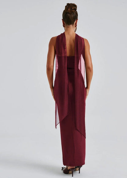 Strapless Horizontal Ruched Band Neck Scarf Detail Bodycon Maxi Dress