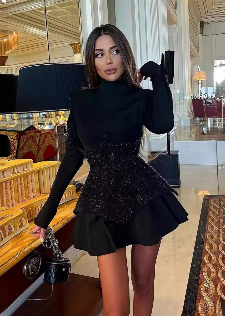 Mock Neck Long Sleeve Sequin Corset Waist Pointed Panel Pleated Skater Mini Dress