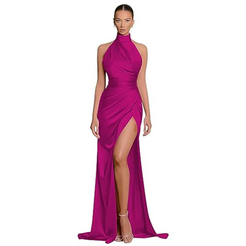 Havyn Satin Asymmetrical Halter Midi Dress - Green