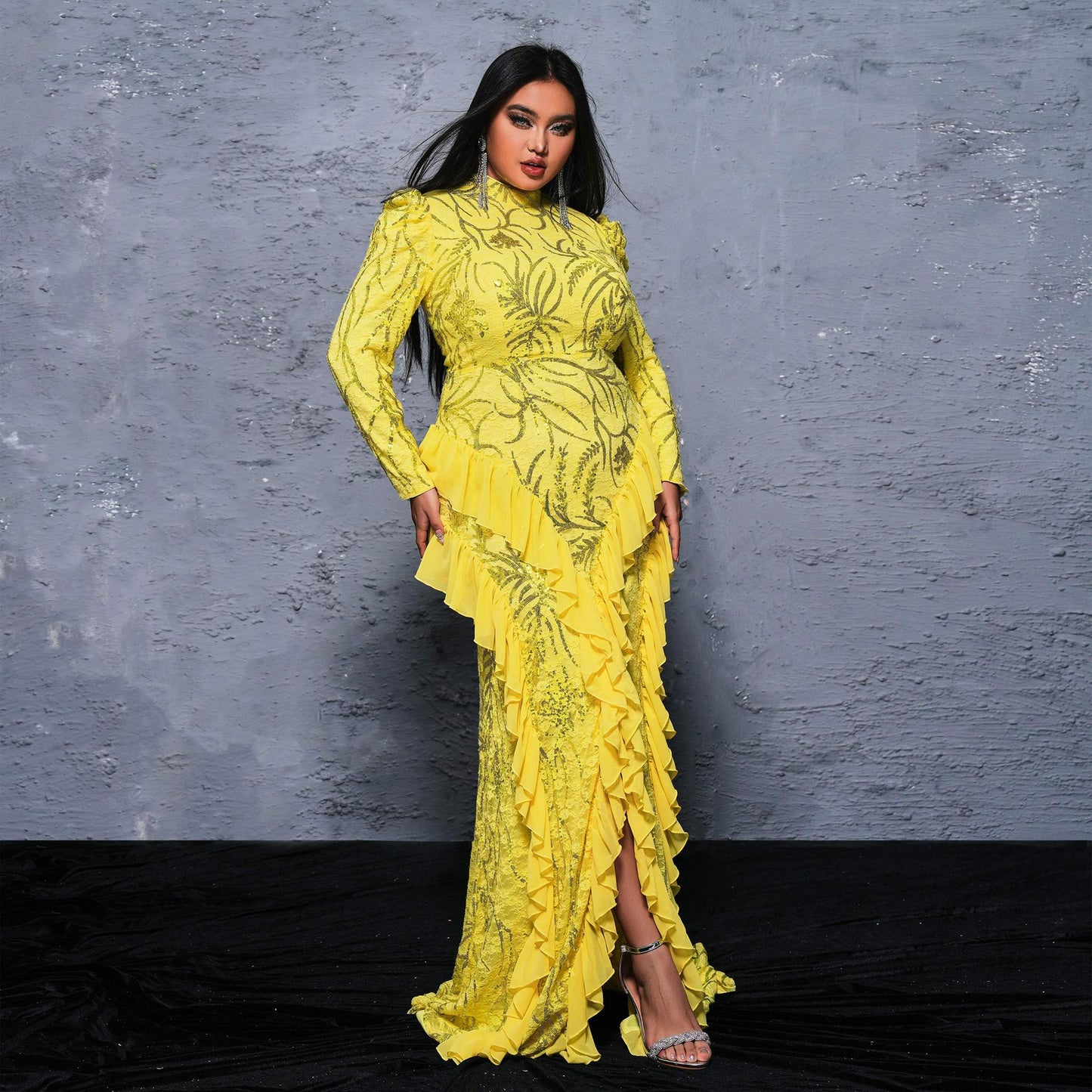 Long Long Sleeve round Neck Cocktail Sequined Fishtail Evening Dress Dress