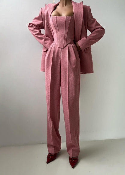Rosé Herringbone Blazer and Corset Jumpsuit Set – Modern Two-Piece Suit for Women