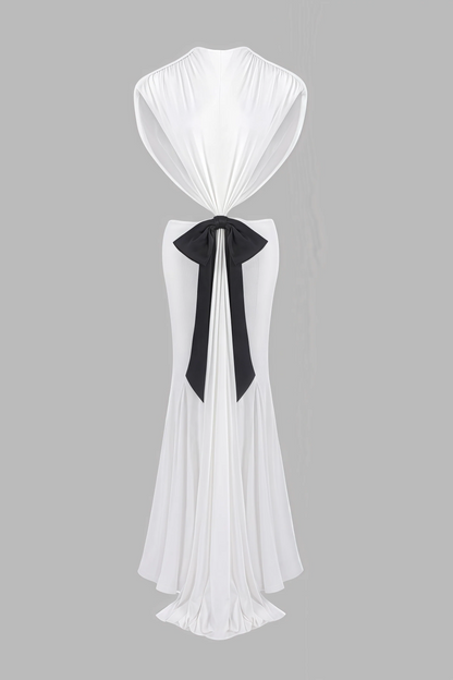 Gaelyra White Backless Satin Pleated Maxi Dress