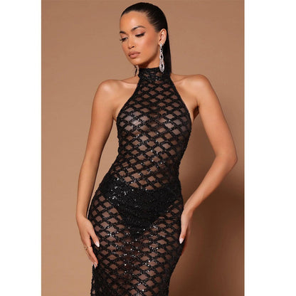 Backless Nightclub Party Formal Dress Rhinestone Sequined Transparent Dress