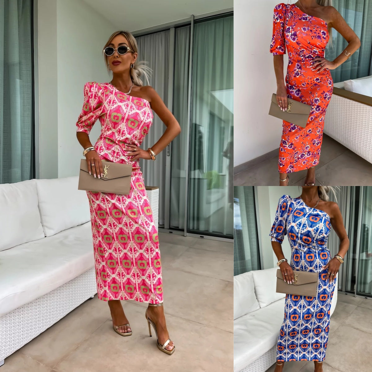 One Shoulder Puff Sleeve Ikat Geometric Print Maxi Dress