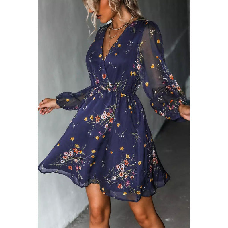 Ditsy Floral Print Surplice V-Neck Balloon Sleeve Elastic Waist Mini Dress