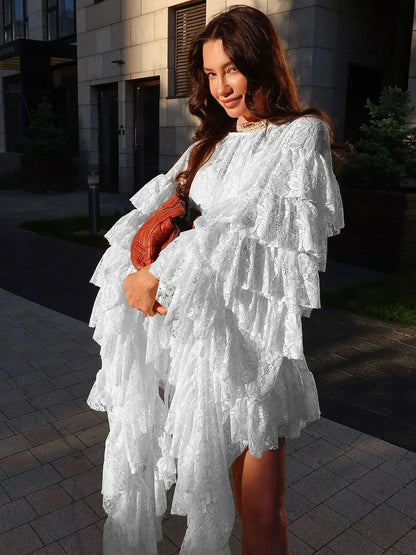 Sheer lace ruffle long sleeve mini dress