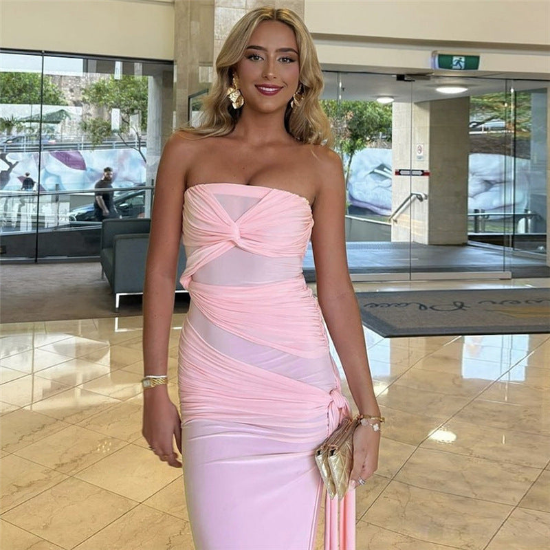 Strapless Twisted Knot Ruched Mesh Panel Draped Side Slit Maxi Dress