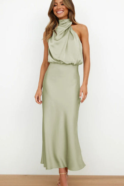Halter Draped Cowl Neck Gathered Waist Satin Maxi Dress