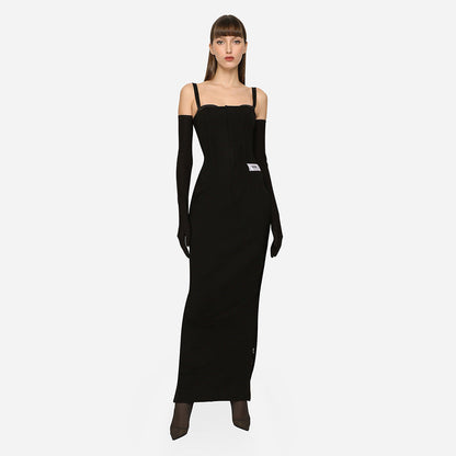 Black Strap Long Zipper Dress Gloves Dress