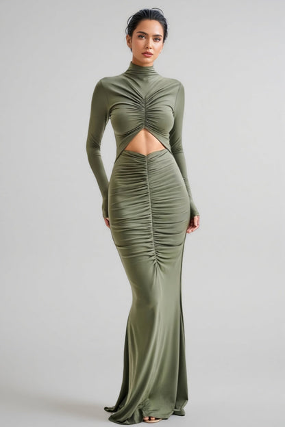 Tona Army Green Cutout Pleated Maxi Dress