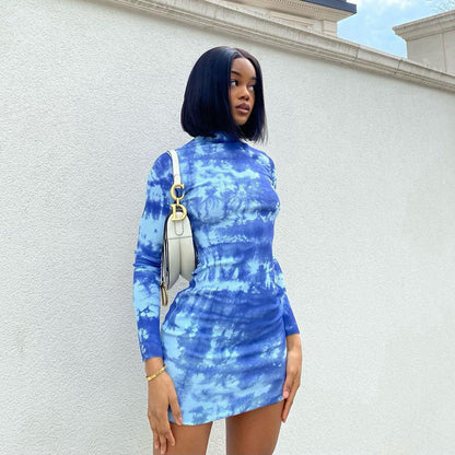 Printed StCollar Long Sleeve Waist Slimming Sheath Dress