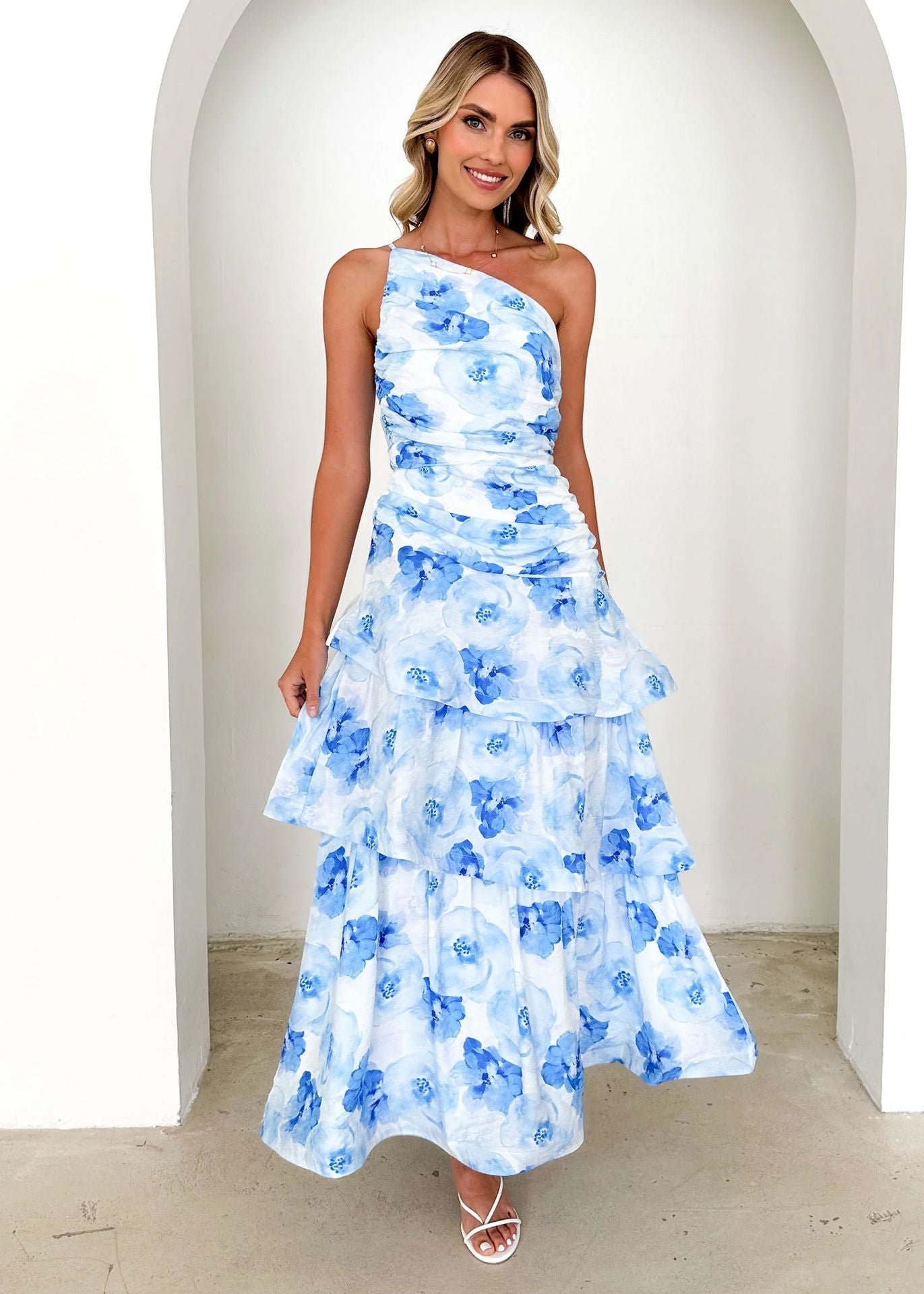 Single Shoulder Suspender Printing Dress
