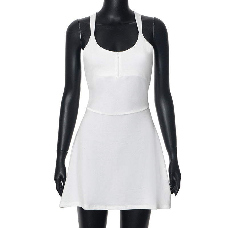Scoop Neck Quarter Zip Sleeveless Flared Skirt Athletic Mini Dress