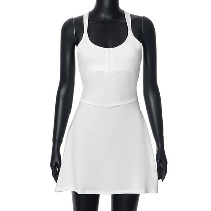 Scoop Neck Quarter Zip Sleeveless Flared Skirt Athletic Mini Dress